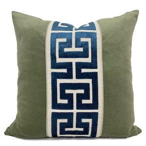 Sage Green Velvet Pillow Cover with Large NAVY Greek Key Trim
