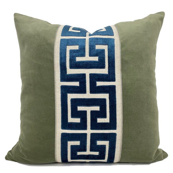 Sage Green Velvet Pillow Cover with Large NAVY Greek Key Trim