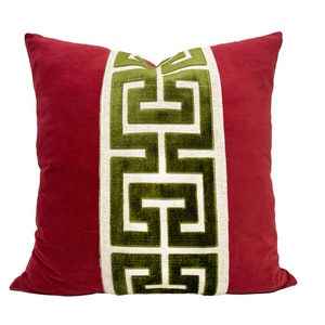 Red Velvet Pillow Cover with Large Greek Key Trim SELECT TRIM COLOR Green