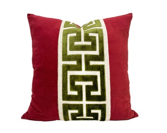 Red Velvet Pillow Cover with Large Greek Key Trim - SELECT TRIM COLOR