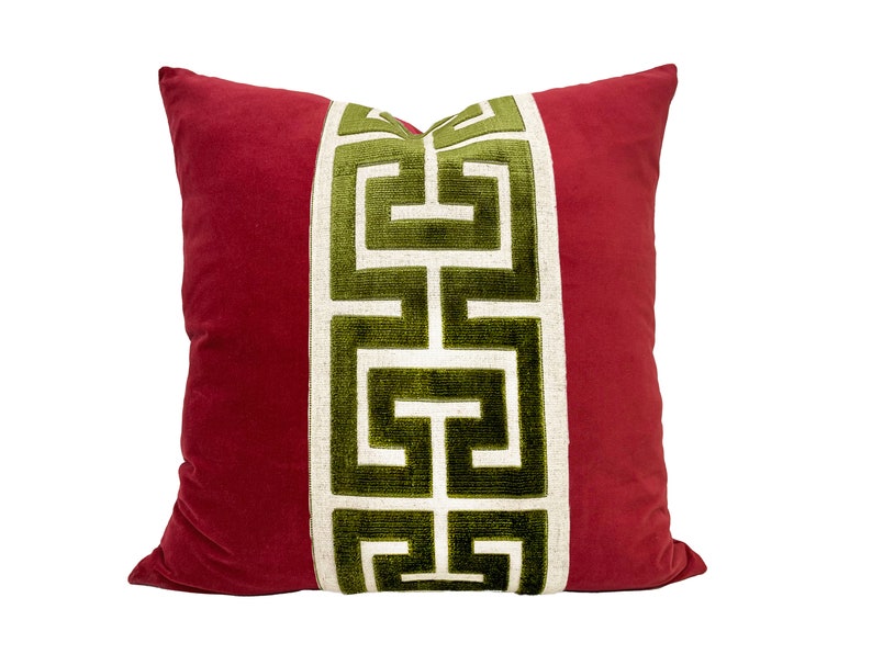Red Velvet Pillow Cover with Large Greek Key Trim SELECT TRIM COLOR Green