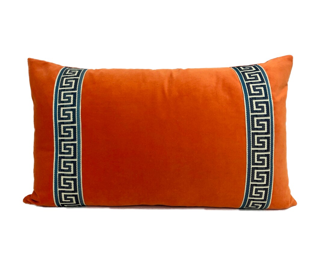 Orange Lumbar Pillow Cover With Navy and off White Greek Key Etsy