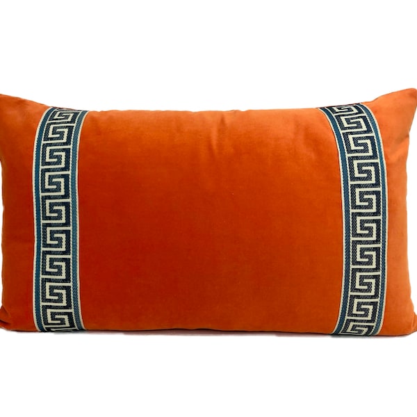 Orange Lumbar Pillow Cover with Greek Key Trim - SELECT TRIM COLOR