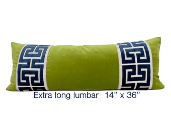 Lime Green Velvet Long Lumbar Pillow Cover with Large Greek Key Trim - SELECT TRIM COLOR