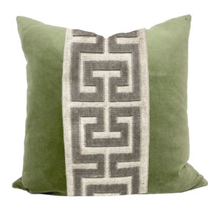 Sage Green Square Velvet Pillow Cover with Large Greek Key SELECT TRIM COLOR Gray