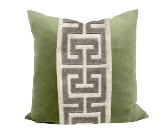 Sage Green Square Velvet Pillow Cover with Large Greek Key - SELECT TRIM COLOR