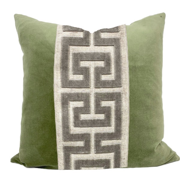 Sage Green Square Velvet Pillow Cover with Large Greek Key - SELECT TRIM COLOR