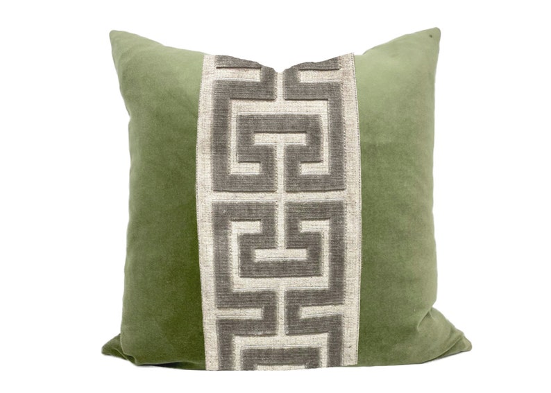 Sage Green Square Velvet Pillow Cover with Large Greek Key SELECT TRIM COLOR Gray