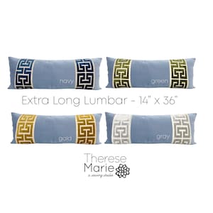 Light Blue Velvet Long Lumbar Pillow Cover with Large Greek Key - SELECT TRIM COLOR