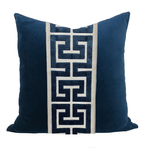 Off White Velvet Lumbar Pillow Cover With Large Greek Key Trim Etsy