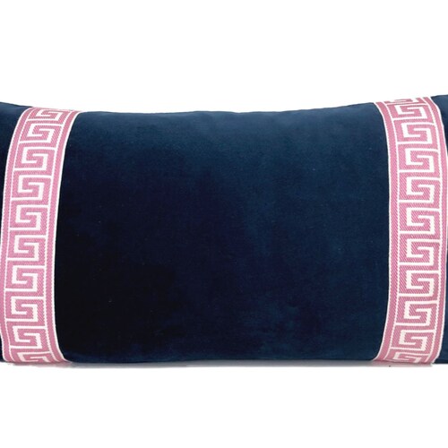 Fuchsia Pink Velvet Lumbar Pillow Cover With Greek Key Trim Etsy