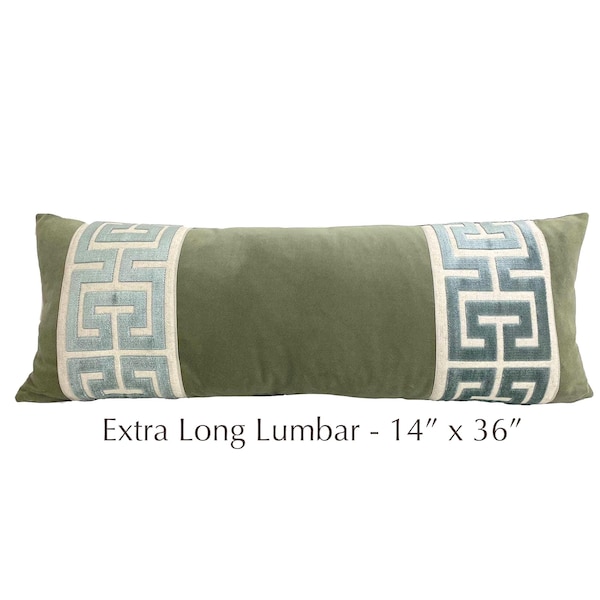 Sage Velvet Lumbar Pillow Cover with Large MIST Greek Key