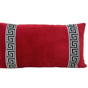 Red Velvet Lumbar Pillow Cover with Greek Key Trim SELECT TRIM COLOR black and white