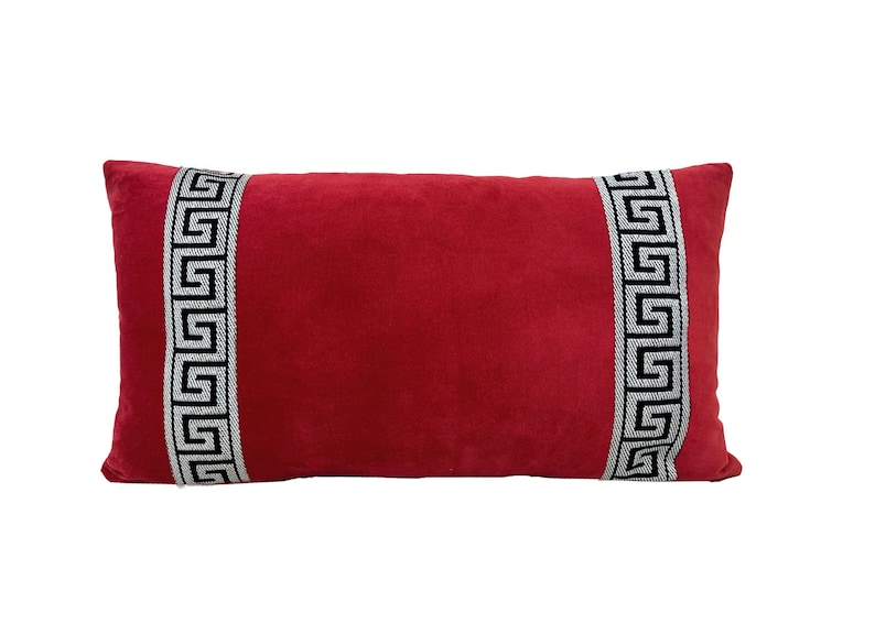 Red Velvet Lumbar Pillow Cover with Greek Key Trim SELECT TRIM COLOR black and white