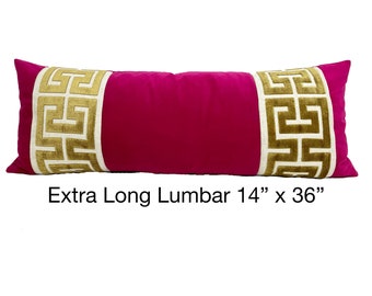 Fuchsia Velvet Long Lumbar with Large Greek Key Trim - SELECT TRIM COLOR