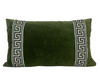 Moss Green Velvet Lumbar Pillow Cover with Greek Key Trim - SELECT TRIM COLOR