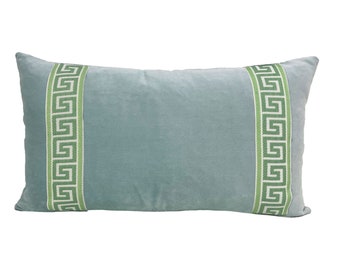 Aqua Mist Velvet Lumbar Pillow Cover with Greek Key Trim - SELECT TRIM COLOR