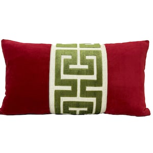 Red Velvet Lumbar Pillow Cover with Large Greek Key Trim SELECT TRIM COLOR image 6