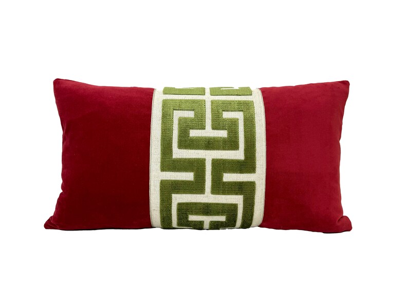 Red Velvet Lumbar Pillow Cover with Large Greek Key Trim SELECT TRIM COLOR image 6
