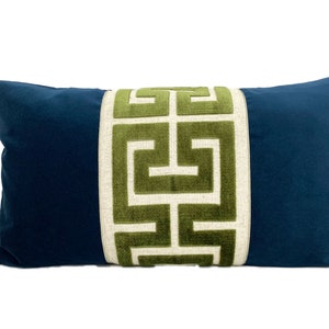 Navy Blue Velvet Lumbar Pillow Cover with Large Greek Key Trim - SELECT TRIM COLOR