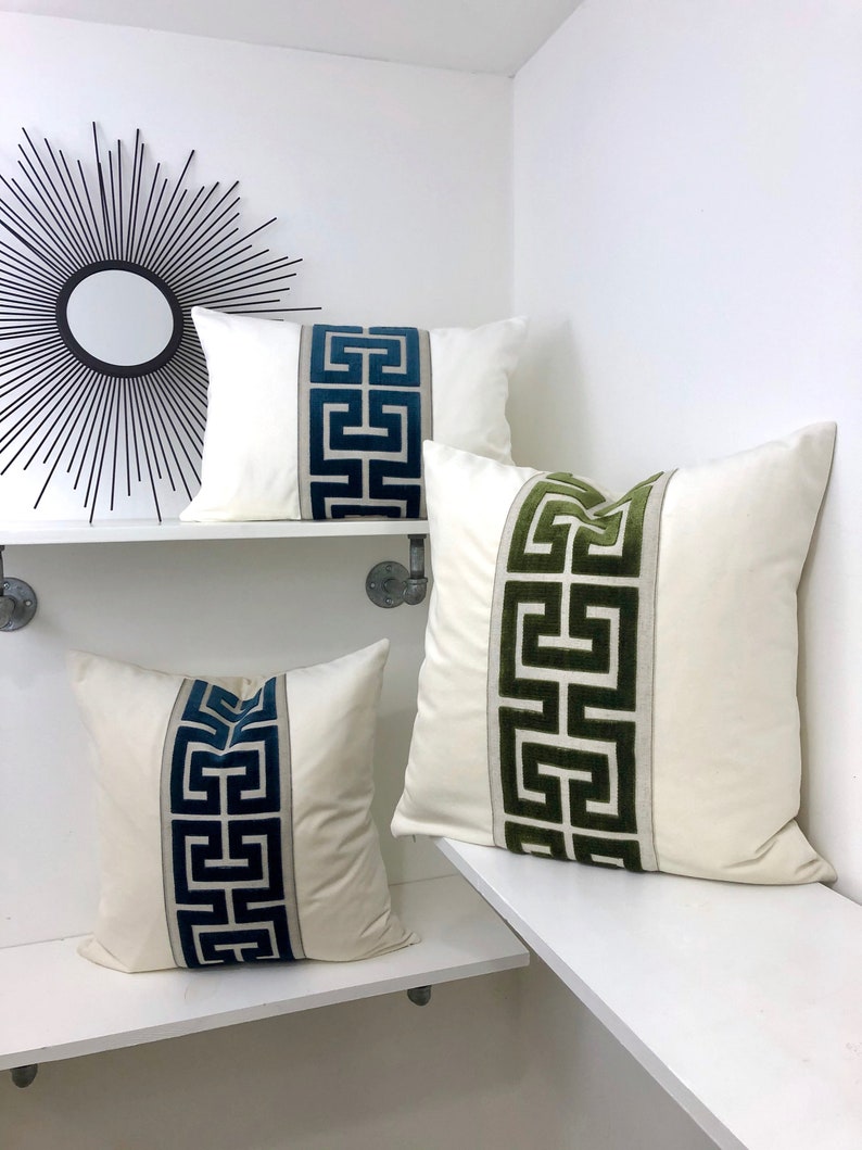 Light Blue Velvet Lumbar Pillow Cover With Large Greek Key Etsy