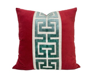Red Velvet Pillow Cover with Large Greek Key Trim - SELECT TRIM COLOR