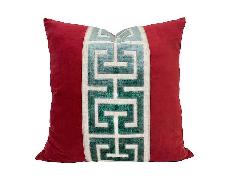Red Velvet Pillow Cover with Large Greek Key Trim SELECT TRIM COLOR Mist