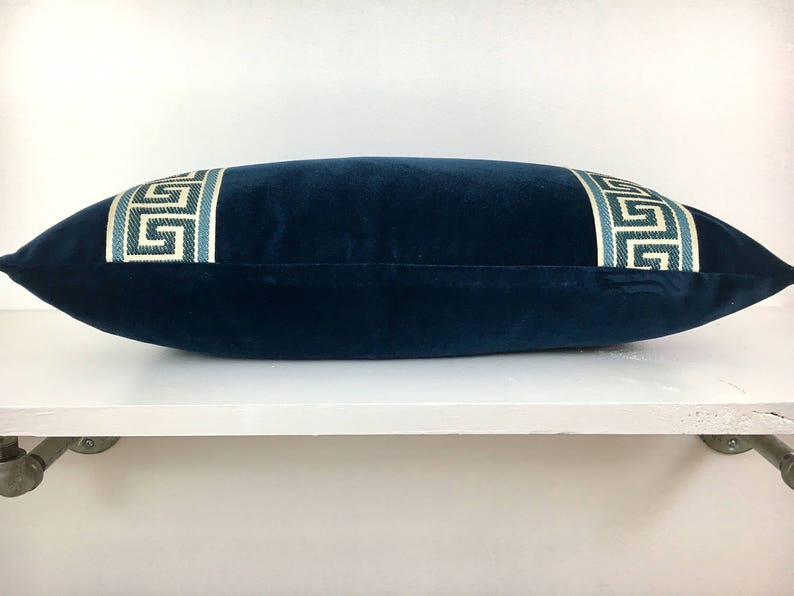 Navy Blue Velvet Lumbar Pillow Cover With Navy Greek Key Trim Etsy