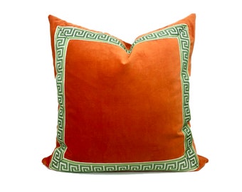 Orange Velvet Square Pillow Cover with Greek Key Trim - SELECT TRIM COLOR