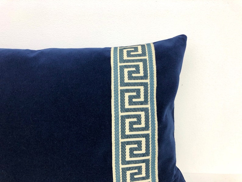 Navy Blue Velvet Lumbar Pillow Cover With Navy Greek Key Trim Etsy