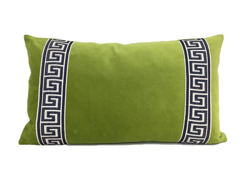 Lime Green Velvet Lumbar Pillow Cover With Greek Key Trim Etsy