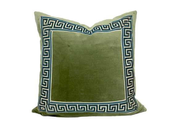 Sage Green Velvet Pillow Cover With Greek Key Trim SELECT TRIM COLOR Etsy