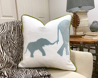 Elephant Pillow - Elephant pillow cover with light aqua velvet applique and lime green piping