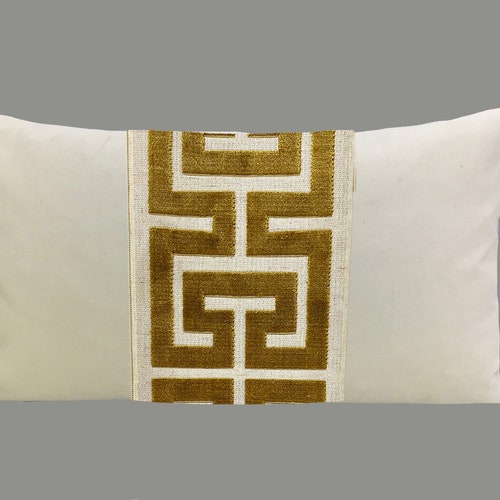 Sand Velvet Bolster Pillow Cover With Greek Key Trim Etsy