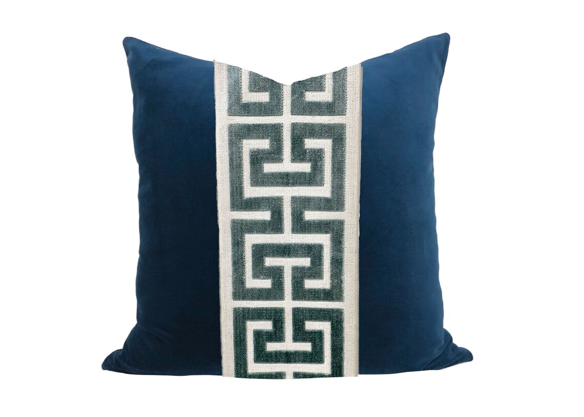 Navy Blue Velvet Pillow Cover With Large Aqua Mist Greek Key Etsy