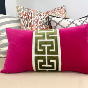 Fuchsia Pink Velvet Pillow Cover with Large Greek Key Trim - SELECT TRIM COLOR