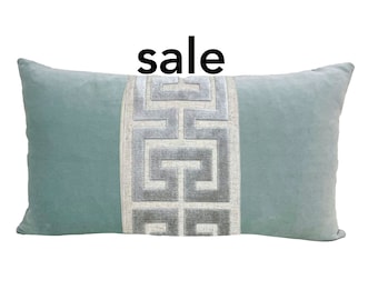 SALE Aqua Mist Velvet Lumbar Pillow Cover with Large GRAY Greek Key Trim, size 13x19