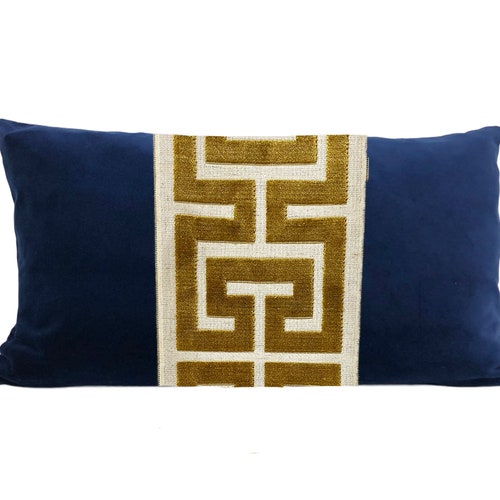 Navy Blue Velvet Lumbar Pillow Cover With Navy Greek Key Trim Etsy