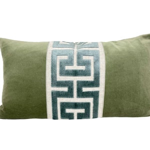 Sage Green Velvet Lumbar Pillow Cover with Large Greek Key Trim SELECT TRIM COLOR Mist