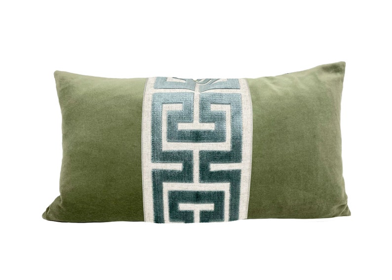 Sage Green Velvet Lumbar Pillow Cover with Large Greek Key Trim SELECT TRIM COLOR Mist