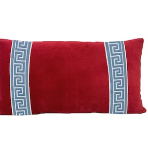 Red Velvet Lumbar Pillow Cover with Greek Key Trim SELECT TRIM COLOR sky