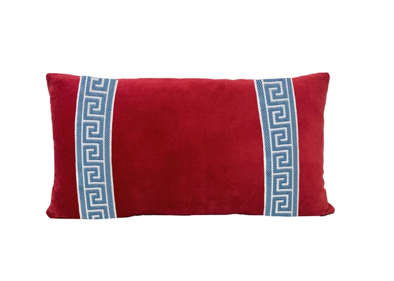 Red Velvet Lumbar Pillow Cover with Greek Key Trim SELECT TRIM COLOR sky