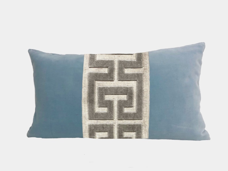 Light Blue Velvet Lumbar Pillow Cover With Large Greek Key Etsy