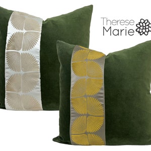 Moss Green Velvet Pillow Cover with Wings Trim - Select WHITE or GRAY Trim