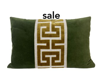 SALE Moss Green Lumbar Pillow Cover with Large GOLD Greek Key Trim - size 11x20