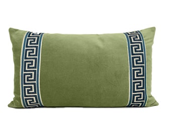 Sage Green Lumbar Pillow Cover with Greek Key Trim - SELECT TRIM COLOR