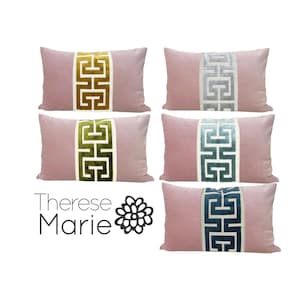 Light Pink Velvet Lumbar Pillow Cover with Large Greek Key Trim - SELECT TRIM COLOR