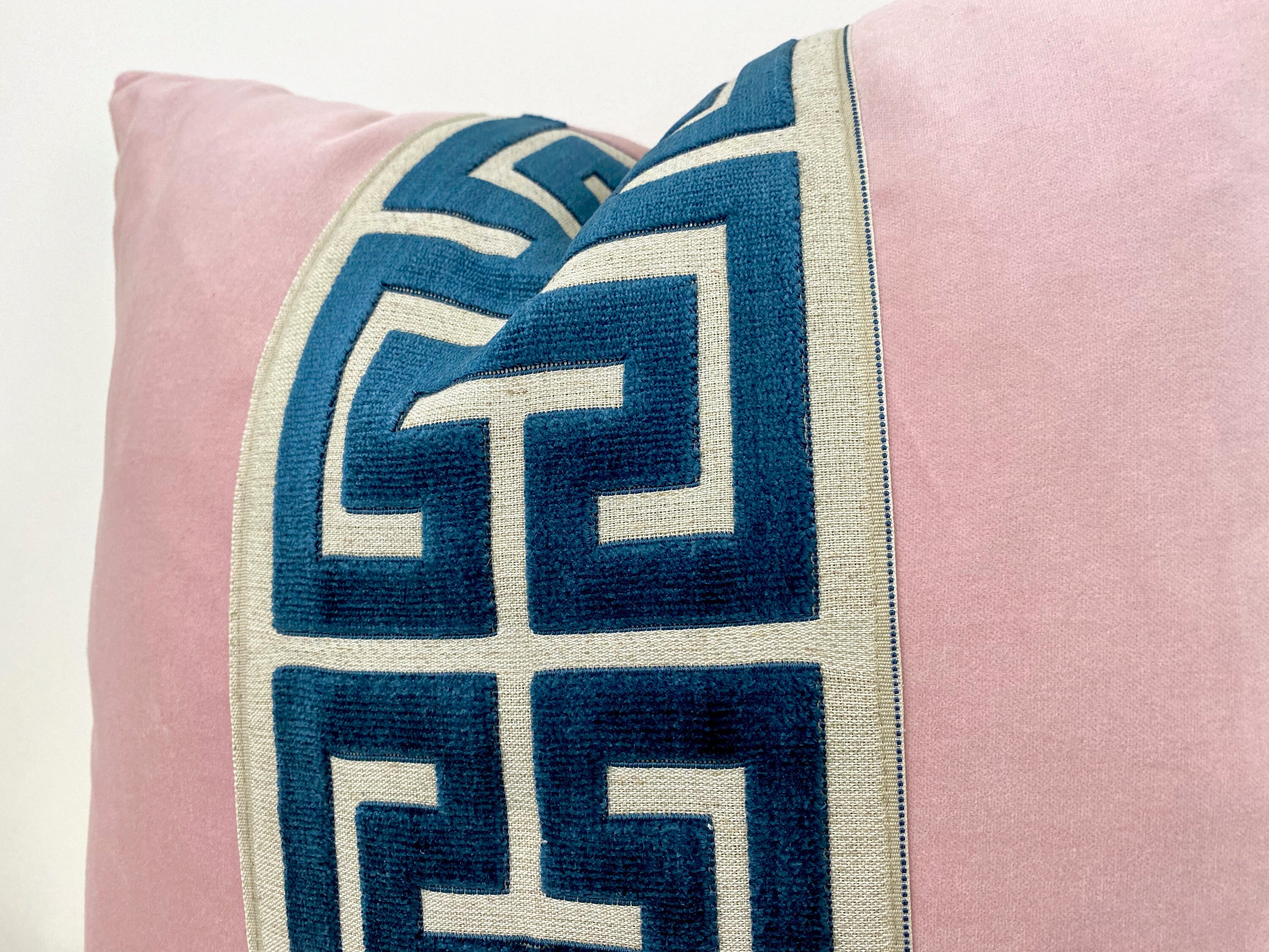 Light Pink Velvet Pillow Cover With Large Navy Greek Key Trim Etsy