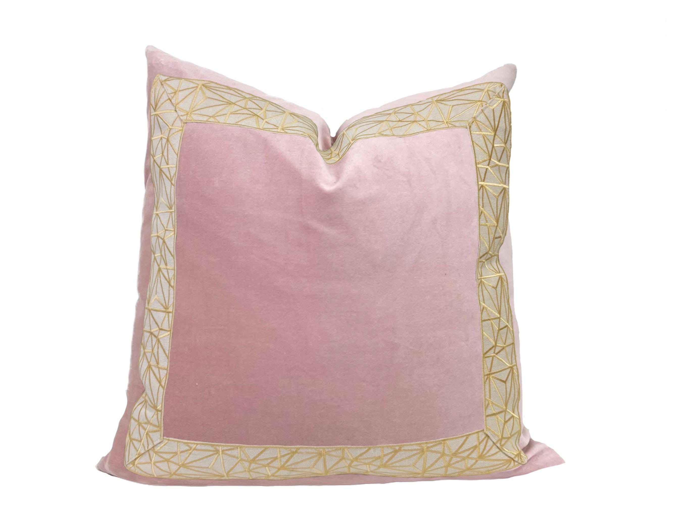 Light Pink Velvet Pillow Cover with Gold Crackle Trim