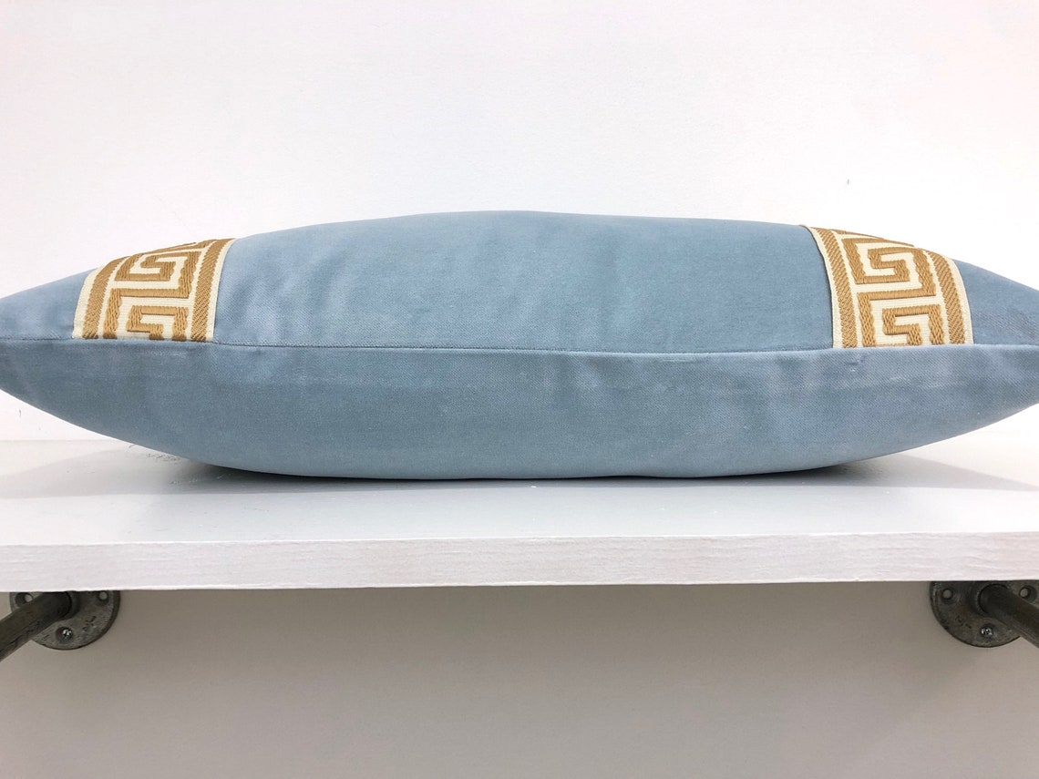 Light Blue Velvet Lumbar Pillow Cover with Gold Greek Key Trim Etsy